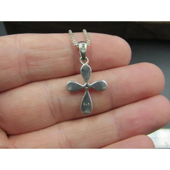 20" Sterling Silver Small Opal Cross Pendant Necklace Vintage Minimalist - Picture 4 of 7